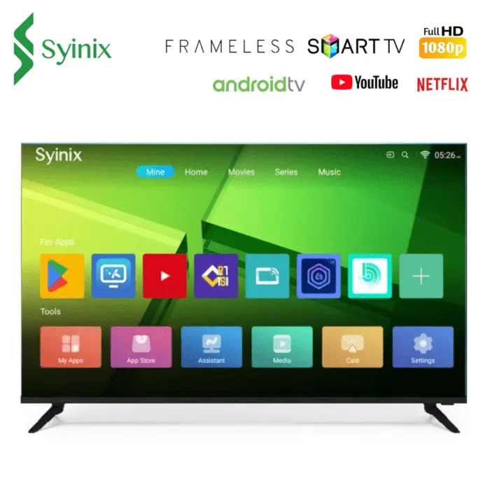 SYINIX 43 INCH SMART TV Smooth & stable system i-Cast Wide color enhancer Smart system- Over 1000+ apps Dolby audio Frameless design Built-in stabilizer 20W HIFI Built-in satellite TV SYNIX 43 INCH