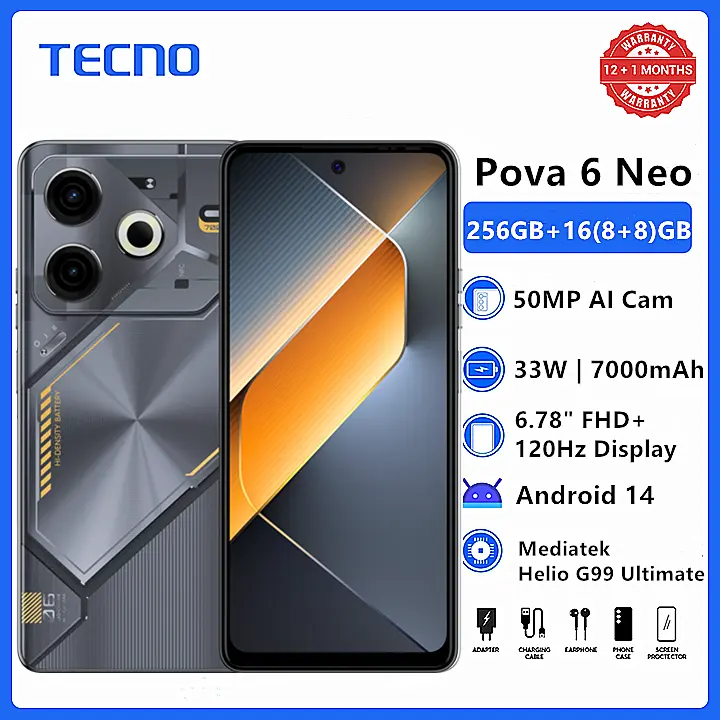 Tecno Pova 6 Neo 6.78" FHD+ 120Hz Game Phone 256GB+16(8+8)GB RAM MTK Helio G99 Ultimate 33W 7000mAh 50MP Dual Speaker Android 14 Dual Sim Smart Phones