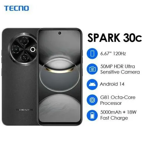 TECNO SPARK 30C 128GB +8(4+4)GB 120Hz 6.6" Dynamic Port 50MP 8.0 MP SELFIE Stereo Dual Speakers 5000mAh 18W Type-C Dual SIM 4G Side Fingerprint Smart Phones