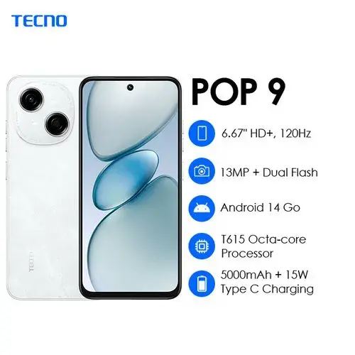 Tecno POP 9 6.6" 128 GB Storage + 3RAM 120Hz Hole Screen Dual Speakers IP54 Waterproof - Android 14 13MP Camera Dual sim 5000mAh-Smartphones