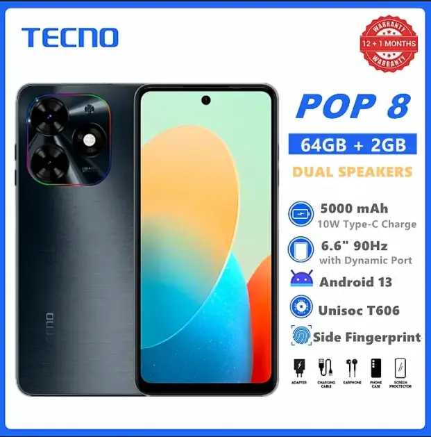 TECNO POP 8 64GBROM+2GB RAM SCREEN 6.6" 90HZ DUAL SPEAKERS 13MP BACK CAMERA 5000MAH BATTERY TYPE-C CHARGING SIDE FINGERPRINT UNLOCK ANDROID SMART PHONE
