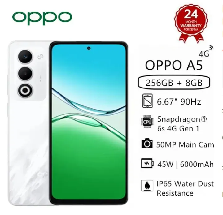 Brand New OPPO A5 128GB+6GB 6.67" 120Hz 45W 6000mAh Large Battery MTK Dimensity 6300 (6 nm) 50MP Android 15 Type-C Charge IP65 Water Dust Resistance Smart Phones Side Fingerprint Unlock phone 5.0 0 Customer reviews