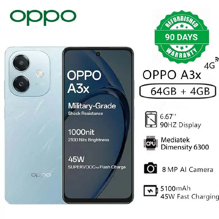 Refurbished OPPO A3x 4GB RAM+ 64GB ROM 6.67" 90Hz 8MP Dimensity 6300 Android 14 45W 5100 mAh Smart Phones Side Fingerprint and Facial Recognition Unlock(Device Only, No Original Accessories!)