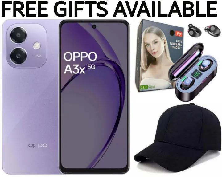 Brand New OPPO A3x 4GB RAM + 128GB ROM 6.67" 90Hz Snapdragon 6s 4G Gen1 Android 14 45W 5100mAh Type-C Side Fingerprint + Free F9 Wireless Earbuds + Free Unisex Baseball Cap