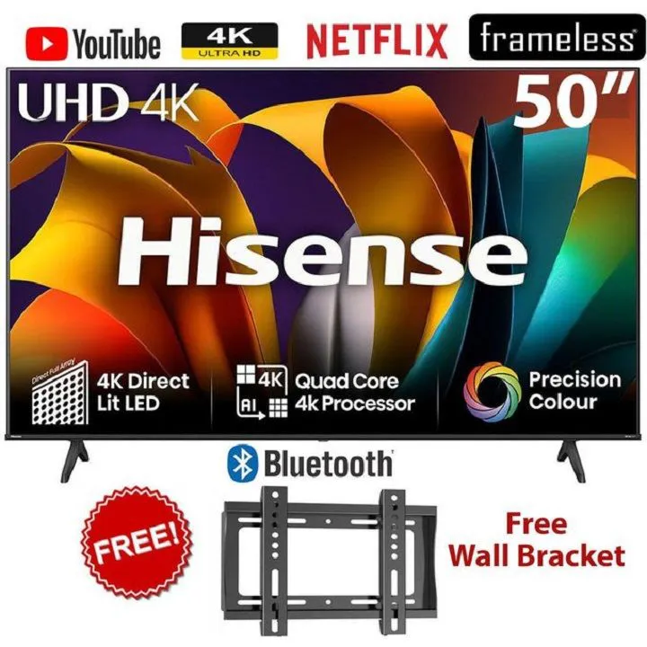 HISENSE 50A6(2025 Model)- HISENSE 50" Inch TELEVISION FRAMELESS,VIDAA OS,DOBLY AUDIO, SMART TV,BLUETOOTH ENABLED,WIFI,4K ULTRA HD TV,NETFLIX,YOUTUBE,2 YEARS