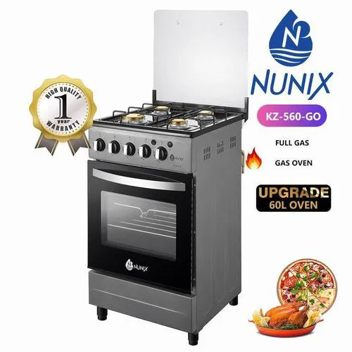 Nunix full gas 50*55 Freestanding Cooker With Gas Oven, equipped with stainless steel surface and cast iron grates, electric ignition and flame failure system.