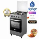 Nunix full gas 50*55 Freestanding Cooker With Gas Oven, equipped with stainless steel surface and cast iron grates, electric ignition and flame failure system.
