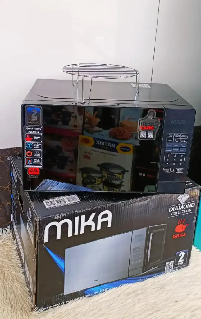 20 LITRES MIKA MICROWAVE WITH 1000W GRILL - 700W microwave power,1000W grill power, Digital controls with multiple power levels, Auto cooking menus for convenience, Defrost function.