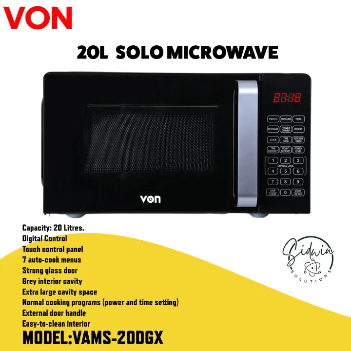 VON 20L DIGITAL MICROWAVE Von VAMS-20DGX Microwave Oven Solo - 20L,Touch control panel,Digital Control,7 auto-cook menus,External door handle,Easy-to-clean interior.