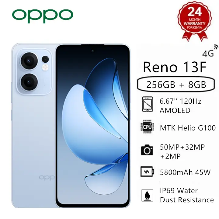 OPPO Reno13 F 256GB+8GB 6.67" 120Hz AMOLED 50MP Camera MTK Helio G100 45W 5800mAh Android 14 IP69 Water Dust Resistance Dual SIM Smart Phones RENO 13F 