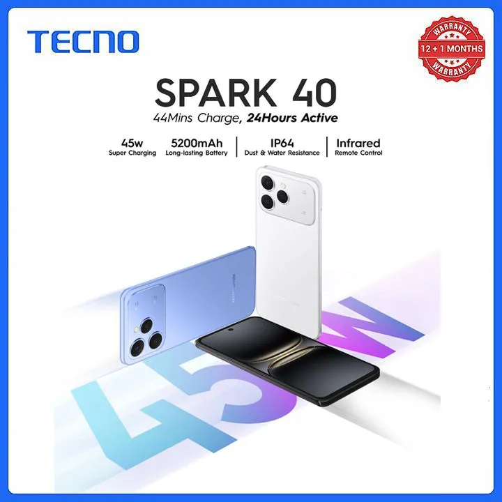 [New Arrials] TECNO SPARK 40 128GB +8(4+4)GB 6.67" 120Hz Phone Dynamic Port 50MP Dual Speaker 5200mAh 45W Type-C Dual SIM 4G Side Fingerprint IP64 Smart Phones