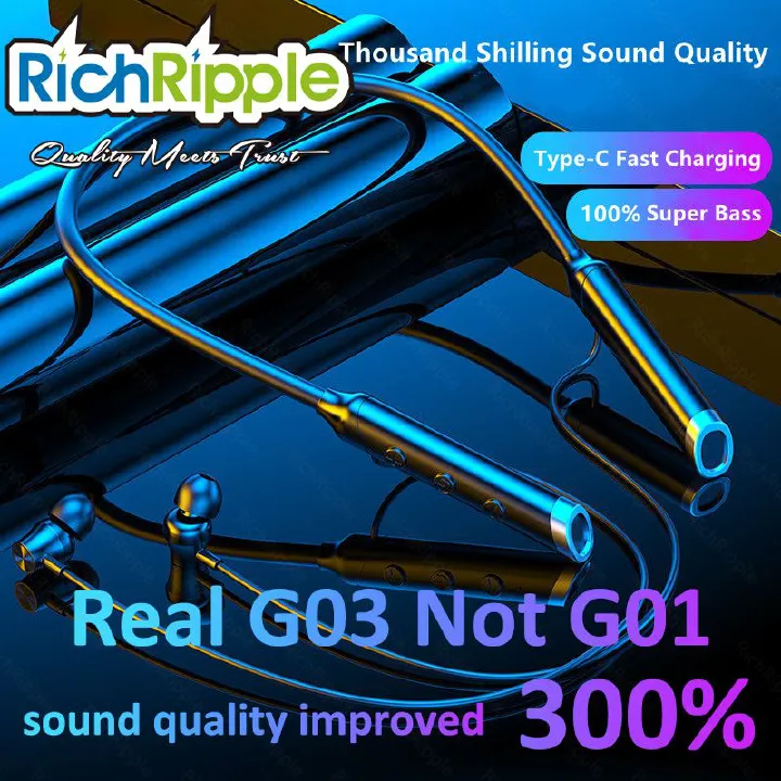 RichRipple G03 Wireless Bluetooth Sports Earphones Neckband Earphones Earbuds Hanging Neck Band Sports Two Ears in-ear Neck Hanging Long Standby with Magnetic Voice Assistant