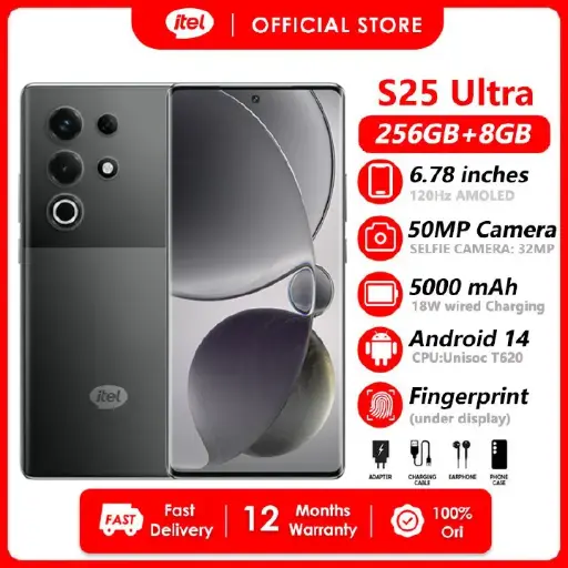 Itel S25 Ultra 256GB+16(8+8)GB RAM 6.78" AMOLED Curved Display 120HZ Slim Phone Dual SIM 4G Network 50MP Camera Fingerprint Unlock 18W 5000 mAh Battery Andriod 14 Smart Phones