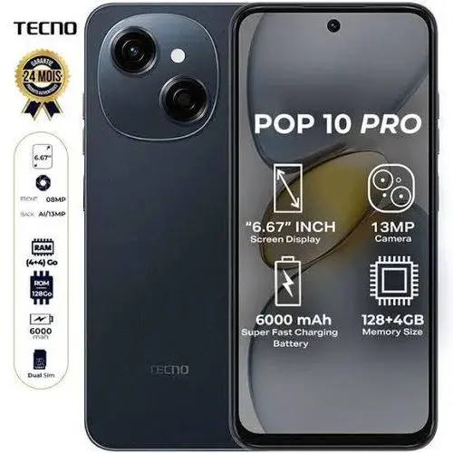 TECNO POP 10 Pro 128GB +8(4+4)GB 6.67" 120Hz Phone Dynamic Port 13MP Dual Speaker 6000mAh 18W Type-C Dual SIM 4G Side Fingerprint IP64 Smart Phones
