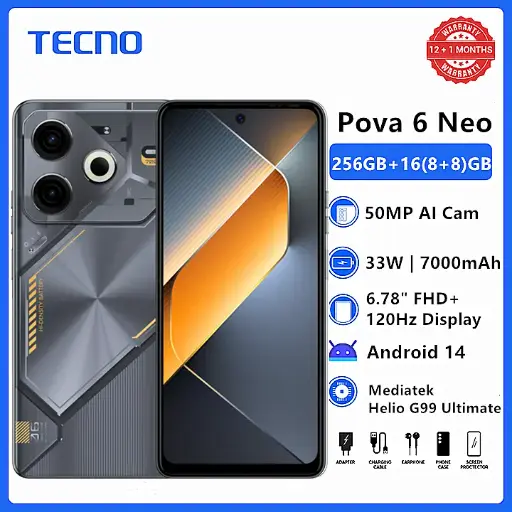 Tecno Pova 6 Neo 6.78" FHD+ 120Hz Game Phone 256GB+16(8+8)GB RAM MTK Helio G99 Ultimate 33W 7000mAh 50MP Dual Speaker Android 14 Dual Sim Smart Phones
