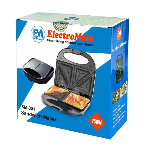 EM Sandwich Maker 2-Slice Non-Stick 750W Toaster for Bread – Perfect for Quick and Easy Snacks ElectroMate