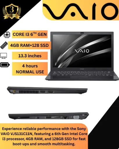 Sony VAIO VJS131C11N Laptop – Intel Core i3 6th Gen, 4GB RAM, 128GB SSD, Windows 10 – Lightweight & Compact Business Notebook