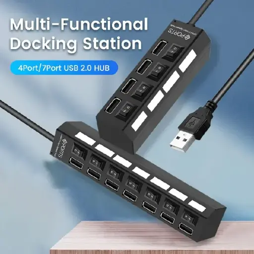 USB 2.0 Hub Multi USB Splitter Ports Hub Use Power Adapter4 Port Multiple Expander Hub with Switch 30CM Cable For Home