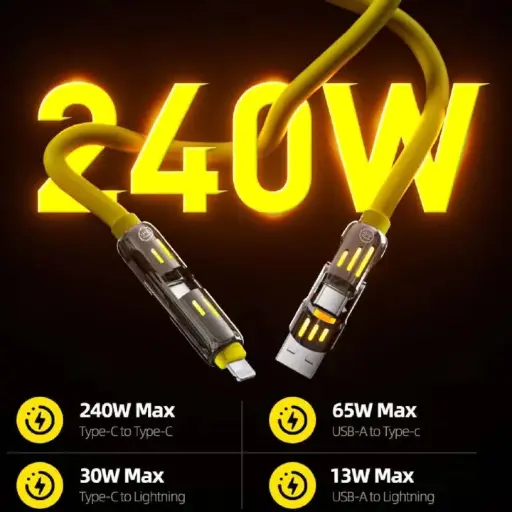 240W Super Fast Charging Cable 4-in-1 Zinc Alloy Liquid Silicone Multi-Device Charger LED Night Type-C/iOS/Micro USB