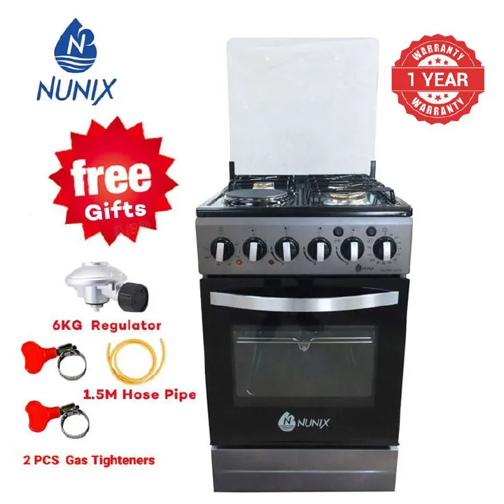Nunix KZ-560-3G1E Free Standing 3 Gas Cooker+1 Hotplate With Electric Oven Cooker 1.5 M Hose Pipe +6KG Regulator+2 pcs Gas Tightener gas cooker