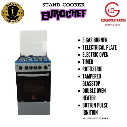 CLEARANCE !! Eurochef 50*55 Free Standing 3 Gas Burner +1 Electric Cooker With Eectric Oven EG55 CLEARANCE SALE !!!!
