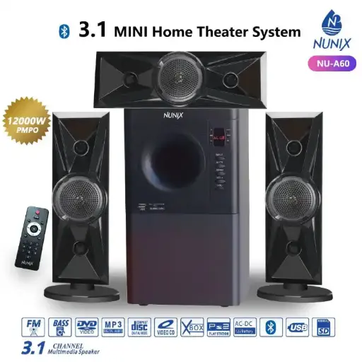Nunix 3.1 Mini Home Theater System NU-A60 And A Remote Control woofer WITH FM AC DC BLUETOOTH USB SD SUPPORTED Nunix 3.1 CHANNEL MULTI MEDIA SPEAKER.